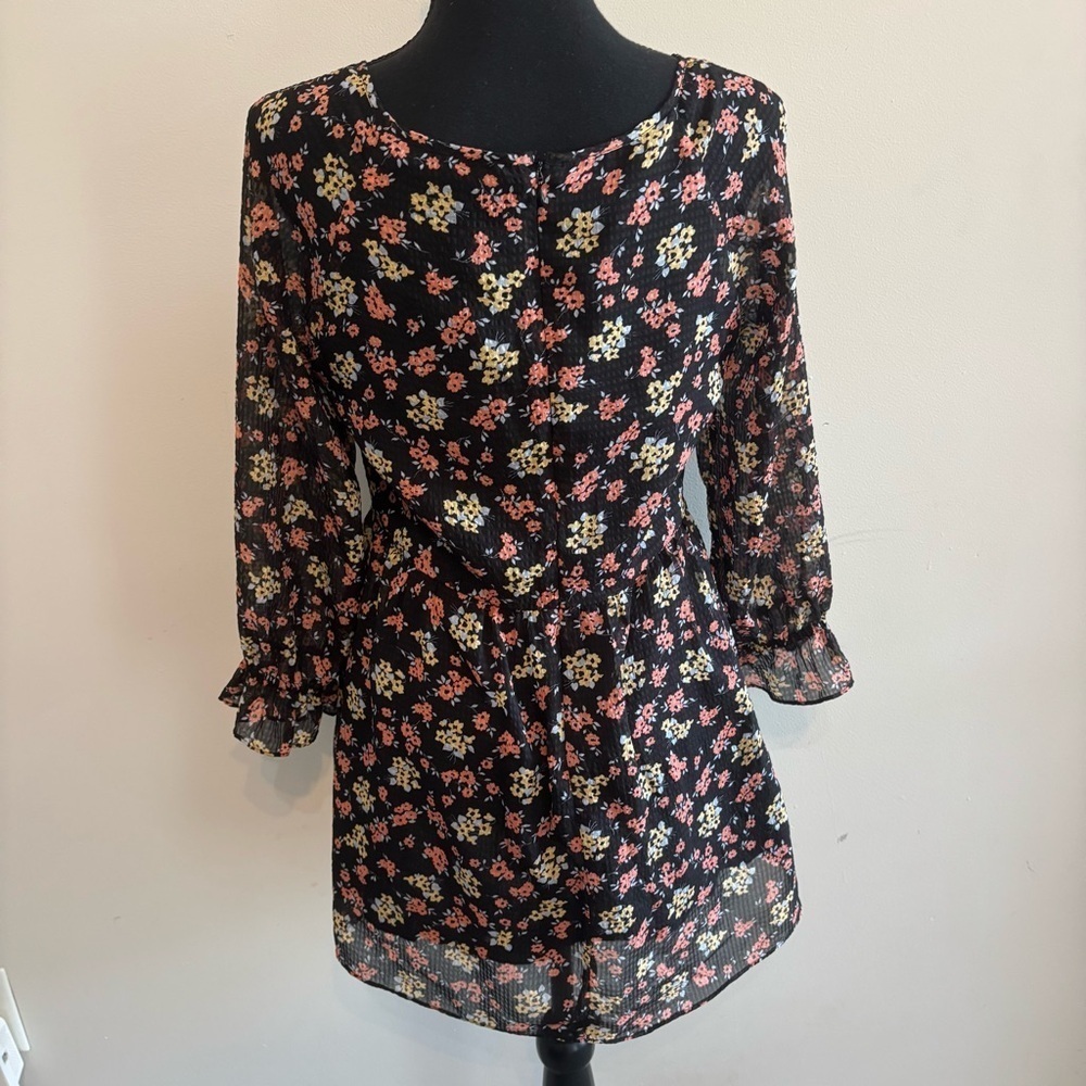 Free People Black Comb Ditsy Floral 3/4 Sleeve Ruched Babydoll Mini Dress Tunic - Picture 4 of 9